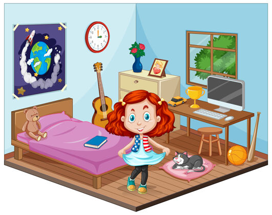 桌子儿童卧室的一部分场景与一个卡通风格的女孩人物小时窗户