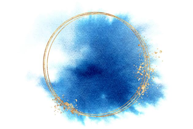 圆形水彩画蓝色染色与圆形框架金色框架装饰