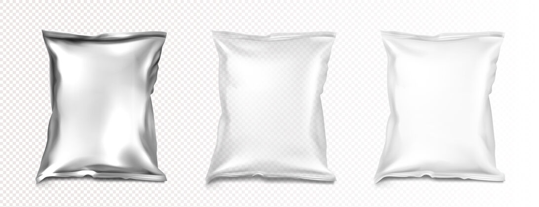 实物模型铝箔和塑料袋实物模型 空白白色 透明和银色金属色枕头包装实物模型现实金属袋