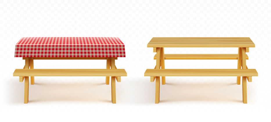 自然带长凳和红色格子桌布的木制野餐桌野餐晚餐桌布