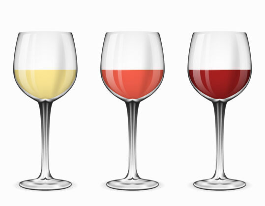 逼真酒杯一杯红葡萄酒 玫瑰葡萄酒和白葡萄酒在白色插图上透明酒杯背景