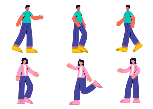 手势集男女活动于一体的卡通人物 不同手势的孤立平面插画设定男人跳跃