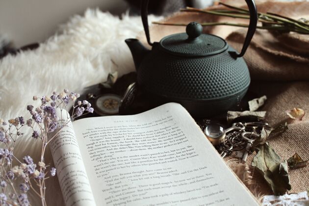 书籍打开书和茶壶乡村干花茶壶