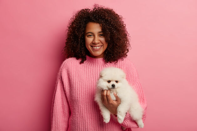 照顾可爱的黑皮肤女士穿着针织毛衣 是狗的友好伙伴 穿着粉色毛衣放松宠物成员