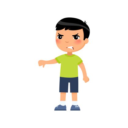 幼儿园亚洲小男孩摆出拇指朝下的姿势心烦意乱的孩子独自站着人的负面情绪 不同意的表情年轻孩子青少年
