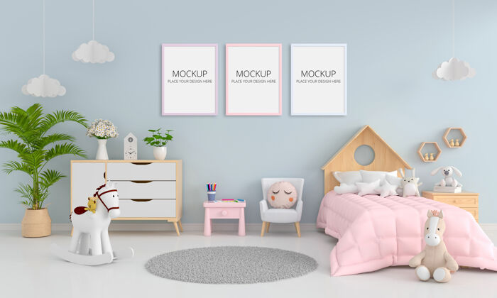 空白蓝色儿童卧室内部框架模型房间蓝色模型