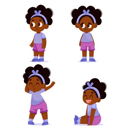 女孩平面手绘不同姿势的黑色女孩收集手绘姿势平面