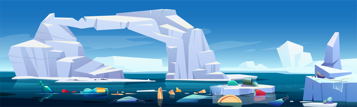 冰山北极的景色 融化的冰山和漂浮在海上的塑料垃圾南极垃圾冰