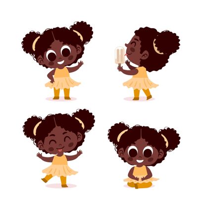 童年不同姿势的黑人女孩系列孩子插图笑脸