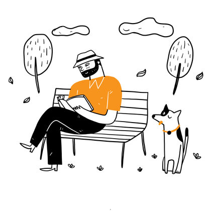 插图老人坐在公园的椅子上 带着他的狗悠闲地看书手绘矢量插图涂鸦风格休闲放松户外