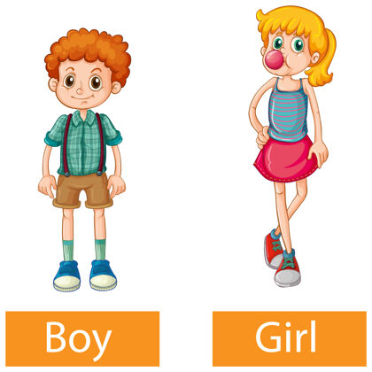 年轻相反的形容词与男孩和女孩的白色背景学习语言童年