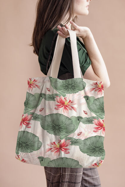 开花莲花图案手提袋 从梅加塔森加的艺术品混搭花袋叶
