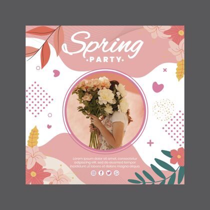 准备打印带女人和鲜花的春季派对方形传单树叶叶龄场合