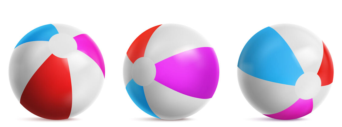 扔充气沙滩球 条纹气球 可在水里 海里或游泳池里玩矢量逼真的一套明亮的橡胶沙滩球 蓝色 红色和粉红色的颜色隔离在白色背景上海洋气球乐趣