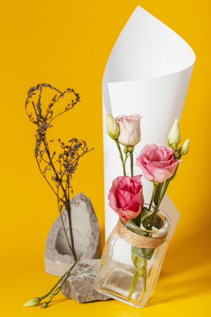 春天把玫瑰放在一个有纸筒的花瓶里自然花分类