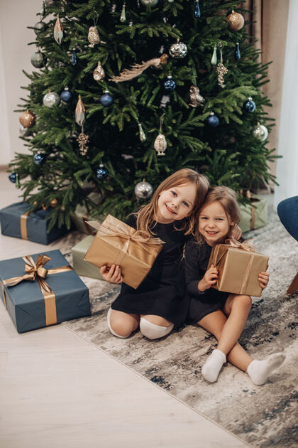 孩子微笑的女孩拿着棕色包装的圣诞礼物衣服室内地面