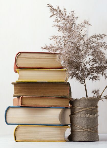 小说带花瓶和鲜花的书堆正视图卷教科书教育