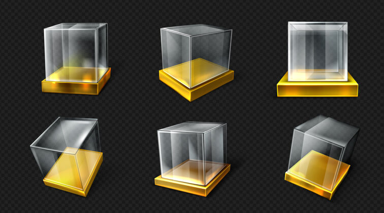 矩形塑料或玻璃立方体上的黄金基地各种角度的看法底座视图透明