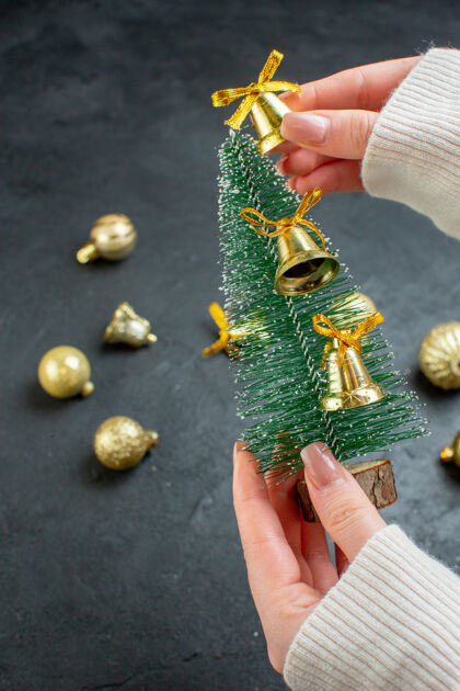 季节手持圣诞树和装饰配件在黑暗背景下的垂直视图景色圣诞节传统