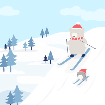 企鹅一只熊和一只企鹅在雪地上滑雪泰迪自然卡通