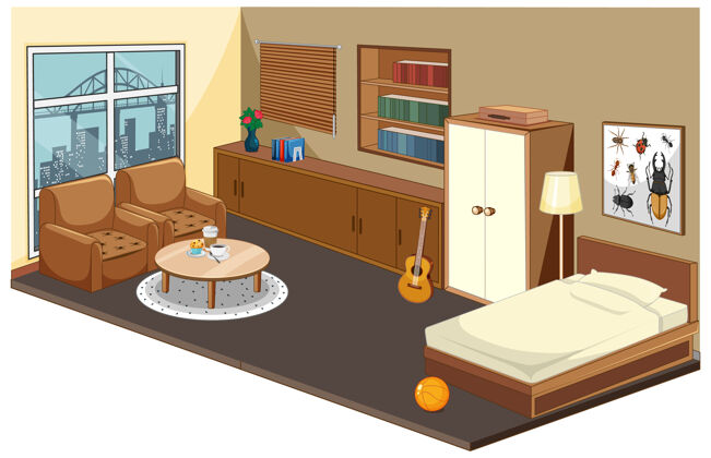 卧室卧室内部有木制主题的家具和装饰元素地方房子住宅