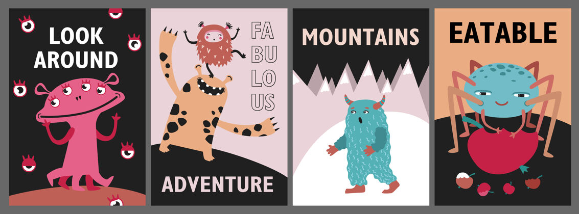 山怪物贺卡集可爱有趣的动物或野兽矢量插图与文字显示为儿童概念传单 传单 海报设置传单样品