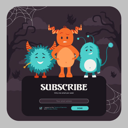 订阅电子邮件订阅与五颜六色有趣的怪物设计与角毛茸茸的动物在线新闻稿模板庆祝和万圣节的概念网站插图设计怪物电子邮件文本