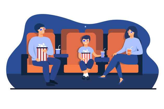 手表爸爸 妈妈和儿子戴着3d眼镜坐在椅子上 拿着爆米花桶和苏打水 在电影院里看滑稽电影矢量插图为家庭休闲时间 娱乐理念3d儿子享受