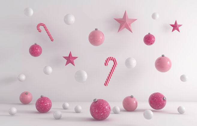 球白色和粉色圣诞饰品的3d渲染挂在白色背景上礼物节日抽象