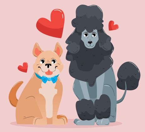 情人节可爱的情人节动物情侣与狗情人节心手绘