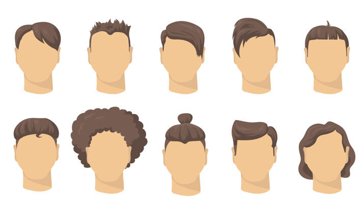 理发师时尚不同的男性剪发平套网页设计卡通男式短发为潮人隔离矢量插图收集理发店 时尚和风格的概念理发脸类型