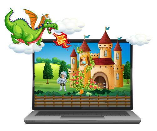 堡垒笔记本电脑背景上的童话场景建筑城堡公主