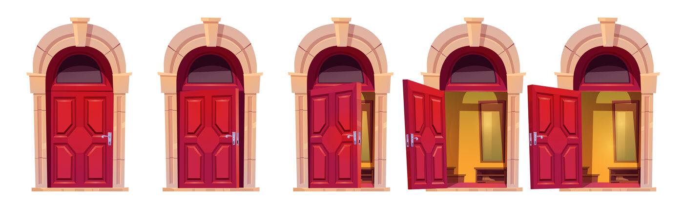 游戏打开红色前门 白色背景上的石拱门被隔离开来卡通设置的房子入口 大厅内部紧闭 建筑正面的门半开半开设置内部序列