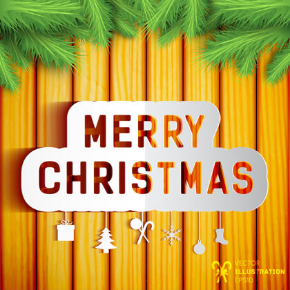 卡片圣诞快乐卡上装饰着冷杉树枝的木墙上有冬天的符号圣诞树出售盒子