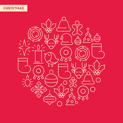 灯新年内衬图标与圣诞元素设置在红色的圆形形状雪收集灯泡