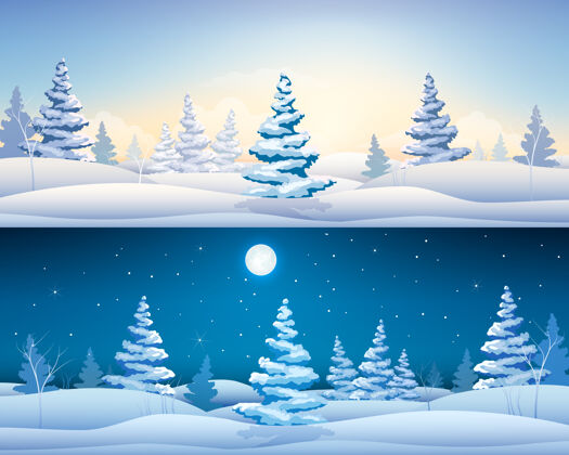蓝色美丽的冬季横幅与仙境风景雪杉树在白天和夜晚的时间线光冷杉