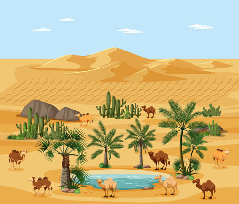 沙丘沙漠绿洲棕榈和骆驼自然景观场景棕榈骆驼森林