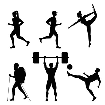 男人捆绑六名运动员练习运动黑色剪影插图设计运动身材轮廓