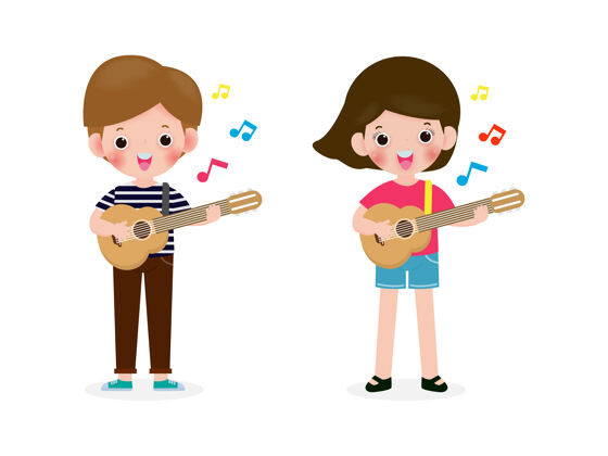 歌手男孩和女孩在白色上孤立地弹吉他经典角色女孩