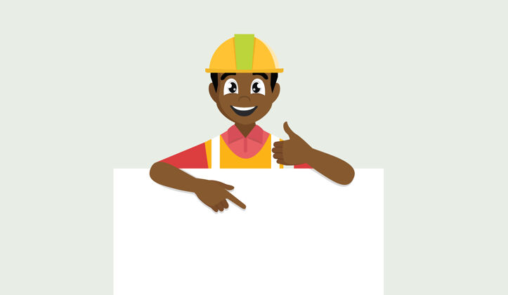 工程师戴着建筑头盔的建筑师指着横幅工人成年人标语牌