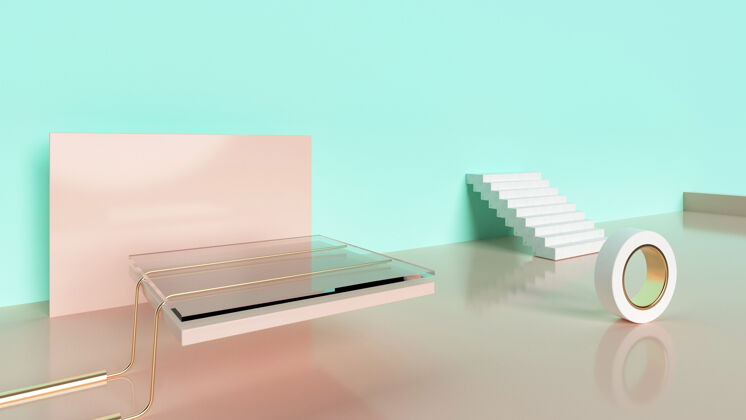 展览用白色楼梯产品展示抽象几何的3d渲染地板展览粉彩