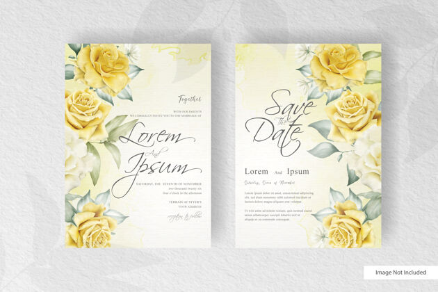 水彩简约水彩结婚卡模板与现实的花朵黄花套装花卉