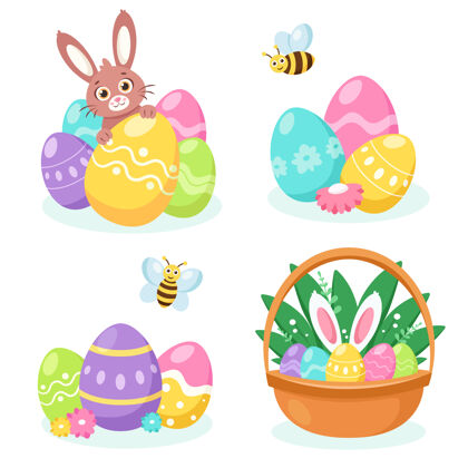兔子耳朵复活节元素兔子 篮子里有鸡蛋 复活节彩蛋节日耳朵礼物