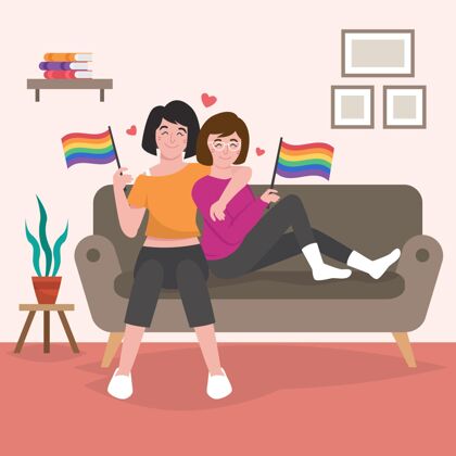 插图有机平面女同性恋夫妇插图与lgbt旗帜在一起双人女人