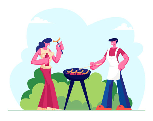 情人一对男女角色在户外烧烤野餐约会的快乐情侣聚会食物野餐