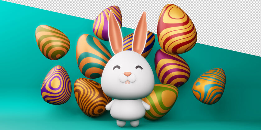 兔子复活节快乐可爱的兔子彩蛋3d渲染彩色复活节构图