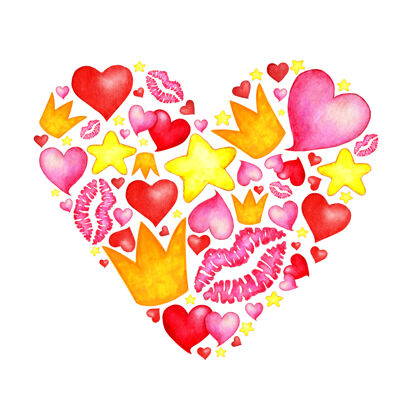 形状涂鸦心形水彩插图皇冠上 粉色和红色的心形 吻唇上印着星星情人节皇冠浪漫亲吻