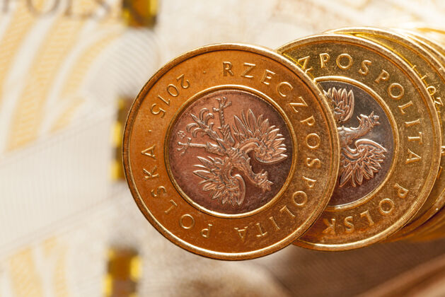 电子商务特写波兰货币 这是躺在一堆对方硬币和钞票的图像具有浅景深经济商业钞票