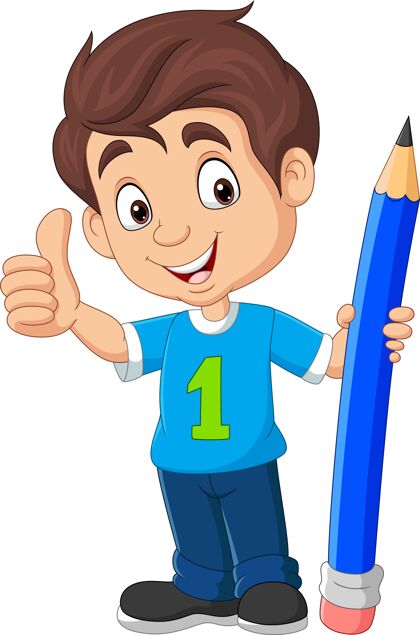可爱卡通男孩拿着一支大铅笔 竖起大拇指铅笔幼稚教育