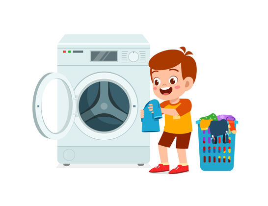 洗衣机快乐可爱的孩子用洗衣机洗衣服篮子洗衣机机器